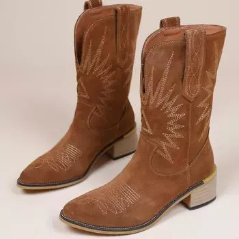 Модные женские вышитые сапоги из замши ручной работы с острым носком на среднем каблуке, осенне-зимняя обувь, новые ковбойские ретро-ботасы в стиле вестерн 35