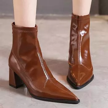 модные женские высокие каблуки ботильоны остроносые туфли 2024 зимние новые модные ботинки теплые молнии сексуальные высокие каблуки 34 чёрный