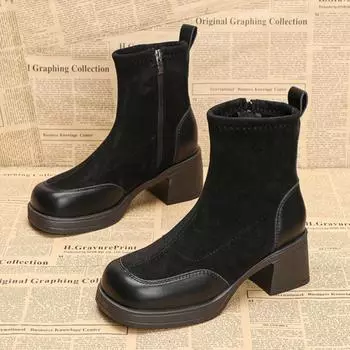 модные женские высокие каблуки ботильоны зимние сапоги модные туфли с квадратным носком зимние замшевые плюшевые теплые туфли женские 2025 тренд элегантные туфли-лодочки Botas Mujer 35 чёрный