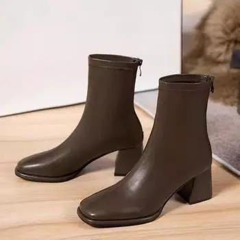 модные женские высокие каблуки ботильоны зимние ботинки квадратный носок массивные туфли зима 2025 тренд дизайнер новые элегантные офисные туфли платье Botas Mujer 35 бежевый