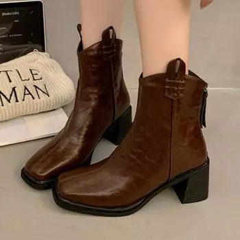 модные женские высокие каблуки зимние ботильоны с квадратным носком 2025 зимние повседневные новые туфли челси на толстом каблуке модные кожаные туфли-лодочки Botas Mujer 35 чёрный