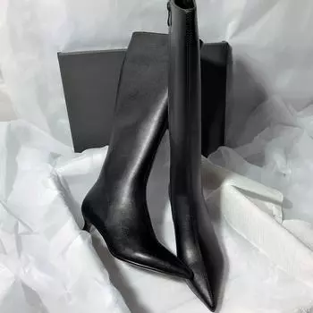 модные женские высокие сапоги челси с острым носком на высоком каблуке 2024 года трендовые женские готические мягкие кожаные роскошные вечерние зимние снежные ботинки женские 35 чёрный