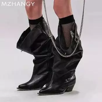 модные женские высокие сапоги из кожи, дизайнерские сексуальные туфли с острым носком, тренд 2024 года, новые ботинки челси, зимние модные туфли-лодочки Mujer Botas 35 чёрный