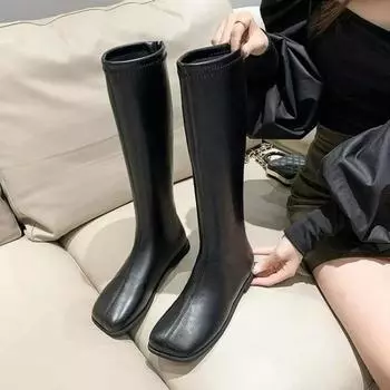 Модные женские высокие сапоги, кожаные туфли на плоской подошве, зимние новые дизайнерские туфли с квадратным носком, популярные женские зимние сапоги для комфортной ходьбы 35 чёрный