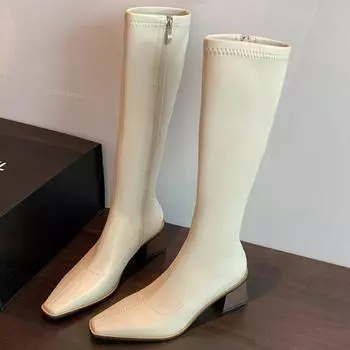 Модные женские высокие сапоги на молнии из кожи, элегантные высокие сапоги до бедра, женская модная обувь для вечеринок, осень-зима, дизайнер 35 бежевый