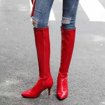 Модные женские высокие сапоги на молнии, сексуальные осенне-зимние туфли с острым носком, черные, белые, красные, на каблуке, до колена, женская обувь, большой размер 48 34 чёрный