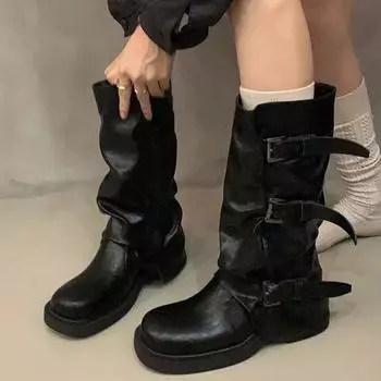 Модные женские высокие сапоги на платформе, зимние дизайнерские новые высокие кроссовки для ходьбы до колена, женские трендовые ботинки челси 2024 года, платье, женские сапоги, ботинки 35 чёрный