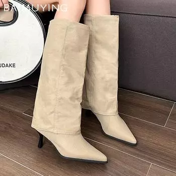 Модные женские высокие сапоги на высоком каблуке с острым носком, дизайнерская обувь 2025 года, трендовые новые брендовые туфли-лодочки в готическом стиле, зимние мотоциклетные туфли Botas Mujer 35 чёрный