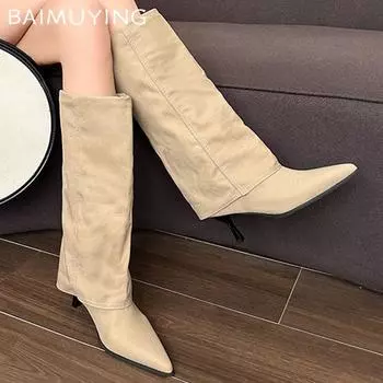 Модные женские высокие сапоги на высоком каблуке с острым носком, дизайнерская обувь 2025 года, трендовые новые брендовые туфли-лодочки в готическом стиле, зимние мотоциклетные туфли Botas Mujer 35 чёрный