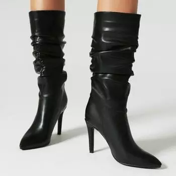 Модные женские высокие сапоги, новинка 2024 года, плиссированные сапоги до колена, осень-зима, черные, коричневые, на тонком каблуке, длинные туфли, женские, большой размер 45 36 чёрный