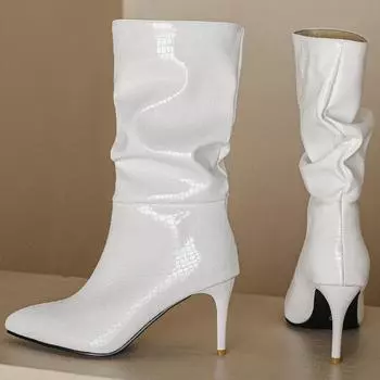 Модные женские высокие сапоги осень-зима, сексуальные зеленые, черные, белые, до середины голени, высокие каблуки, модные туфли для вечеринок, женские, большие размеры 45 48 34 чёрный