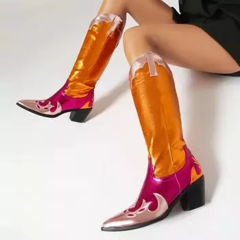 Модные женские высокие сапоги в стиле вестерн, ковбойские сапоги для девушек-ковбоев, осень-зима, пэчворк, золотисто-розовые, длинные туфли, женская обувь, большой размер 45, комфорт 35 золотой