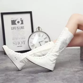 Модные женские высокие сапоги, высокие парусиновые туфли, горячие танцевальные ботинки в стиле хип-хоп, на шнуровке, с молнией, панк, заклепками, парусиновые женские туфли 34