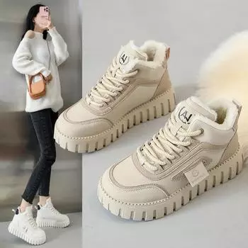 Модные женские высокие шерстяные зимние ботинки 2024 года, новые повседневные хлопковые ботинки на толстой подошве, сохраняют тепло и комфорт 35 чёрный