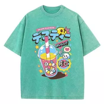 Модные женские выстиранные футболки с забавным принтом черепа и напитка, с коротким рукавом, хлопковые, состаренные, оверсайз, с круглым вырезом, уличная одежда S