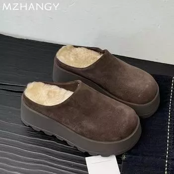 Модные женские замшевые балетки хлопковые тапочки на платформе мюли обувь женская 2025 тренд мода зимние теплые повседневные прогулочные зимние сапоги шлепанцы 35 серый