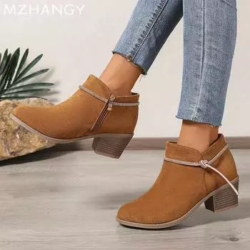 Модные женские замшевые ботильоны Модные туфли на среднем каблуке Женские 2025 Трендовые зимние элегантные платья Новые туфли-лодочки Зимние сапоги Прогулочные женские ботинки 36 коричневый