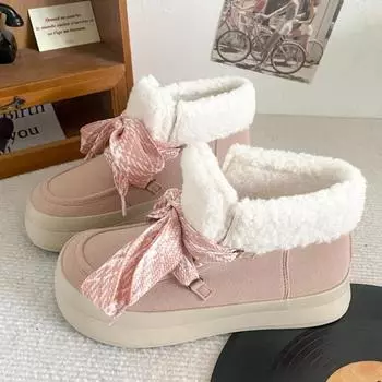 модные женские замшевые ботильоны на платформе, зимние туфли на плоской подошве, 2025, новые повседневные спортивные кроссовки со шнуровкой, короткие, плюшевые, Mujer Zapatos 35 розовый