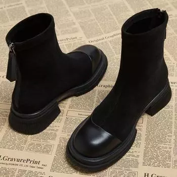 модные женские замшевые ботильоны на среднем каблуке, плюшевые туфли на зимнем каблуке 2025 года, трендовая офисная обувь на толстой подошве, модные нескользящие ботинки для ходьбы Mujer 35 чёрный