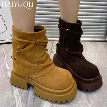 Модные женские замшевые ботильоны на высоком каблуке, дизайнерские повседневные ботинки для ходьбы, женские, 2025 года, тренд, новые зимние, удобные, теплые, Botas Mujer 35 верблюд