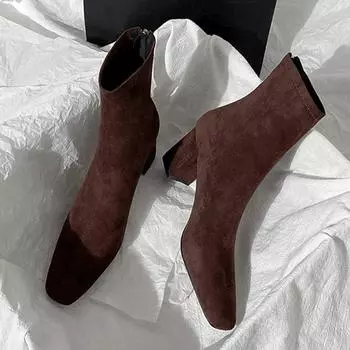 Модные женские замшевые ботильоны на высоком каблуке, зимние дизайнерские туфли с квадратным носком, женская обувь 2024 года, трендовые туфли для ходьбы, удобные женские зимние ботинки 35 коричневый