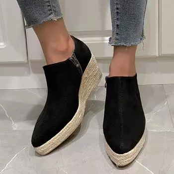 Модные женские замшевые ботильоны с острым носком на платформе, туфли на танкетке, осенняя модная обувь для ходьбы, женская обувь 2024 года, трендовое платье, женские туфли 36 чёрный