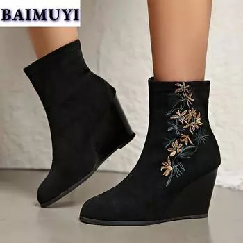 Модные женские замшевые ботинки на танкетке с принтом, зимние ботинки на высоком каблуке 2025 года, новые сексуальные ботинки «Челси», элегантные туфли-лодочки Mujer Botas 35 чёрный