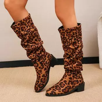 Модные женские замшевые леопардовые высокие сапоги на среднем каблуке до колена женские трендовые зимние модные готические зимние ретро-сапоги для мотоциклистов Mujer 35 цветной печати леопарда