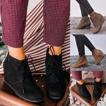 Модные женские замшевые однотонные короткие ботильоны на танкетке со шнуровкой и круглым носком 42 коричневый