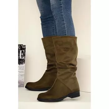 Модные женские замшевые сапоги без шнуровки на толстом каблуке A112-20Suede