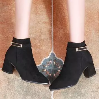 Модные женские замшевые сапоги, ботильоны из флока, женская зимняя обувь, модные женские сапоги 2024 года, новые сапоги на высоком каблуке, остроносые сапоги 35 розовый