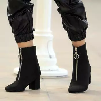 Модные женские замшевые сапоги на толстом каблуке с молнией спереди 024-6060-21 Черная замша