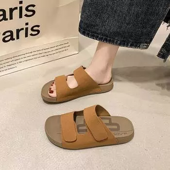 Модные женские замшевые тапочки-сабо с мягкой пробковой стелькой. Домашние тапочки. Классические модные сандалии для отдыха на открытом воздухе. 35 абрикосовый