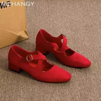 модные женские замшевые туфли Мэри Джейн на среднем каблуке, элегантные туфли для женщин 2024 года, новые туфли-лодочки для балета, осенние туфли для женщин Zapatos 35 чёрный