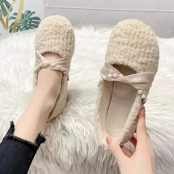 модные женские замшевые туфли на плоской подошве с бусинами трендовые туфли Marie Janes 2025 зимние новые элегантные туфли Lolita luxury party shoes платье Zapatillas Mujer 35 абрикосовый