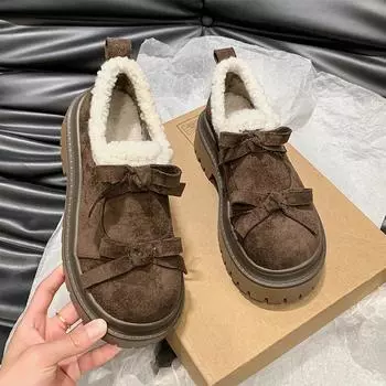 Модные женские замшевые туфли на плоской подошве с бантом из меха, брендовые зимние теплые повседневные туфли для женщин 2025 года, модные удобные туфли-лодочки Mujer 35 коричневый