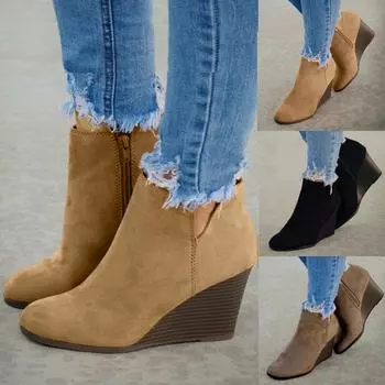 Модные женские замшевые туфли на танкетке на молнии, однотонные короткие пинетки с круглым носком 40 чёрный