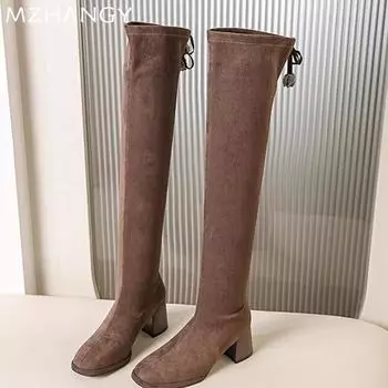 модные женские замшевые высокие сапоги сексуальные туфли на среднем каблуке выше колена элегантные туфли женские 2025 трендовые зимние туфли-лодочки модные новые женские ботинки челси 35 чёрный