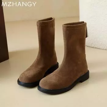 модные женские замшевые зимние сапоги средней высоты на плоской подошве модная зимняя обувь для женщин 2024 года новые трендовые ботинки челси для ходьбы короткие сапоги Goth Mujer 35 бежевый