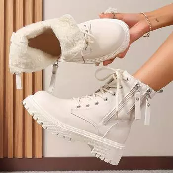 Модные женские зимние ботильоны - Уютная плюшевая подкладка, молния сбоку, круглый носок, нескользящая подошва, повседневные однотонные ботильоны 35 белый
