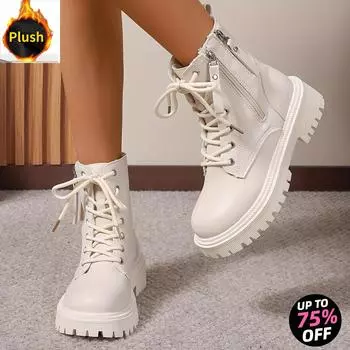 Модные женские зимние ботильоны - Уютная плюшевая подкладка, молния сбоку, круглый носок, нескользящая подошва, повседневные однотонные ботильоны 35 белый