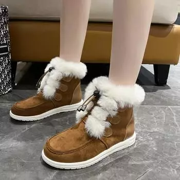 Модные женские зимние ботинки Botines 2024 года из замши, теплые плюшевые зимние ботинки, повседневная обувь из хлопка больших размеров для женщин, нескользящие кроссовки 36 коричневый