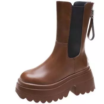 Модные женские зимние ботинки «Челси» высотой 9 см, модные женские ботильоны на платформе с круглым носком, женские ботильоны на толстом каблуке, до середины икры, женские короткие ботинки в стиле ретро 34 коричневый