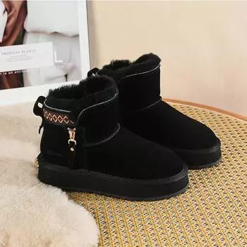 Модные женские зимние ботинки на платформе с вышивкой в национальном стиле, зимние плюшевые ботинки с боковой молнией 2024 года, новые утолщенные замшевые кожаные ботинки 35 чёрный