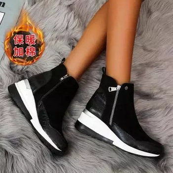 Модные женские зимние ботинки на танкетке, модные осенне-зимние теплые плюшевые однотонные платформы на молнии, корейские повседневные короткие ботильоны, обувь из хлопка 35 бежевый