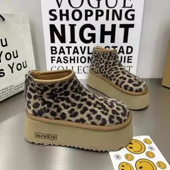 Модные женские зимние ботинки с леопардовым принтом, осень-зима 2024 года, новые теплые зимние ботинки с толстой подошвой и круглой головкой, универсальные, с застежкой-молнией сзади 35