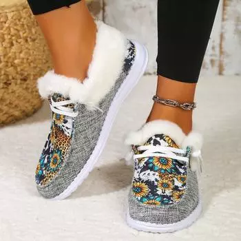 Модные женские зимние ботинки с плюшевой подкладкой, с принтом подсолнуха, удобные туфли из ворсистой парусины, теплые ботильоны 36 бежевый