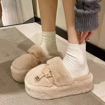 модные женские зимние домашние тапочки на толстой подошве женские повседневные слипоны пушистая плюшевая подкладка удобные домашние тапочки 35 бежевый