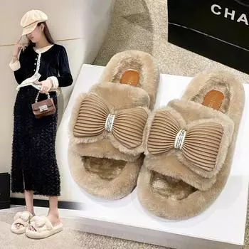 Модные женские зимние домашние теплые и нескользящие хлопковые тапочки 2024 года, модные домашние туфли в стиле ретро с бабочкой и плюшевыми узлом, размер плюс 40 35-36 белый
