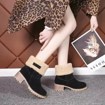 модные женские зимние меховые теплые зимние сапоги женские теплые шерстяные ботинки ботильоны удобные туфли с отогнутым краем повседневные женские полусапоги 36 чёрный